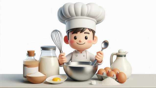 Cooking fun young chef baking in kitchen 3d animation bright and cheerful environment