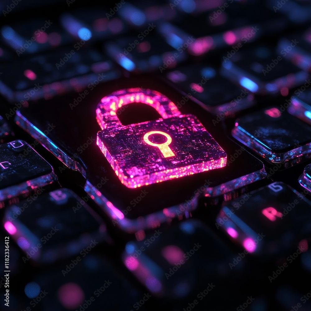 Poster futuristic cybersecurity concept glowing lock icon on keyboard