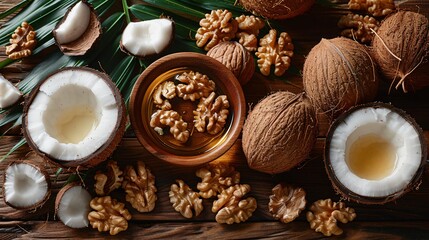 Natural coconut walnut oil on wood background