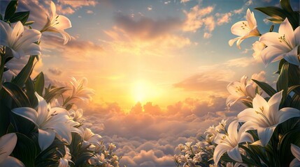 Sunset Sky Background with Lilies, Funeral Mockup with Text Space