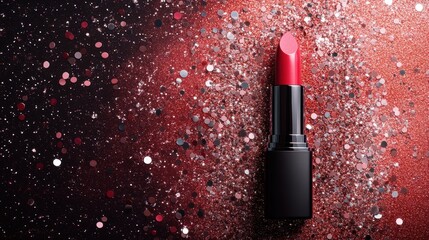 Stunning Close-Up of a Luxurious Red Lipstick Amidst Shimmering Glitter Background Ideal for Beauty and Cosmetics Marketing Promotions