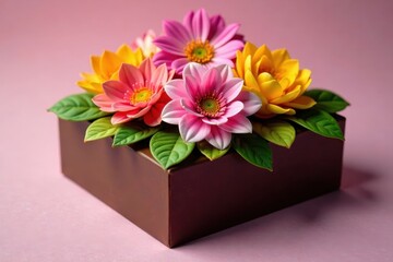 Chocolate box with colorful flowers arranged artfully on top, chocolate, present