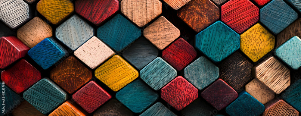 Poster colorful wooden blocks arranged in an intricate pattern, representing the idea of creativity and inn