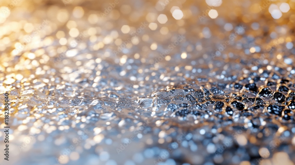 Poster dynamic particle effects on glittering gold and silver patterns close-up high detail abstract enviro