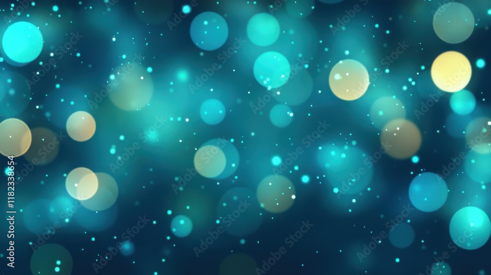 Poster dynamic light particles creating glittering gold and turquoise bokeh textures magical aesthetic abst