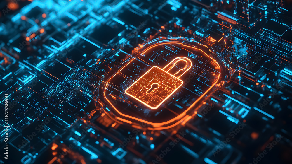 Poster concepts of cybersecurity and privacy protection, featuring a lock icon alongside businessmen safegu