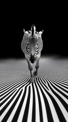 Zebra Walking Across Black and White Lines, Creating Optical Art with Striking Contrast, Minimalistic Design. 