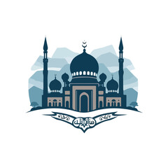 Islamic mosque silhouette vector Black silhouette of a Islamic mosque and crescent with lanterns. Eid Mubarak logo. vector illustration