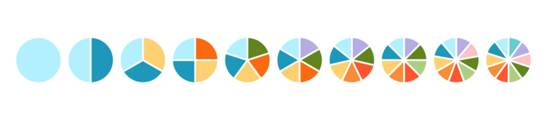 Diagram wheel divided from 1 to 10 parts, Pie chart infographic circle divided into pizza or donut segments, Vector flat icons.