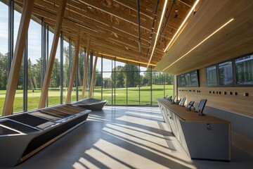 Modern architecture showcases a golf clubhouse with large windows overlooking the green landscape...