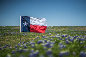 Texas Flag Blowing In The Wind In Blurred Rural Field of Bluebonnet Flowers With Blue Sky