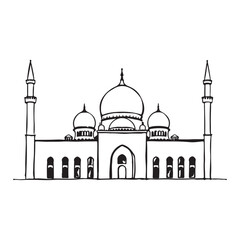 Islamic mosque silhouette vector Black silhouette of a Islamic mosque and crescent with lanterns. Eid Mubarak logo. vector illustration