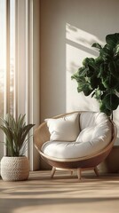 Interior design, cozy papasan chair, large fiddle leaf fig plant, natural light, wooden floor, minimalist decor, potted plants, beige wall, window, shadow play, hygge, Scandinavian style, rattan furni