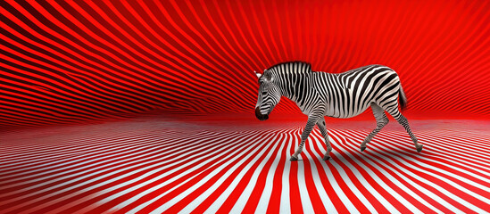 Zebra with black and white stripes walking through vibrant red lines, creating a mesmerizing visual contrast and optical art effect, minimalistic design, copy space.