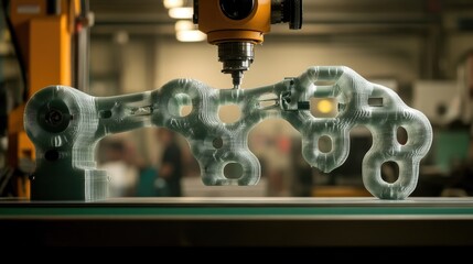 A translucent 3D-printed component is being machined in a workshop setting.