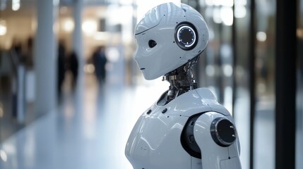 Fototapeta premium White humanoid robot, modern interior background.