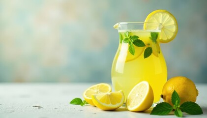 Fototapeta premium Freshly squeezed lemonade in a glass jug with lemons and mint leaves , glass, jug