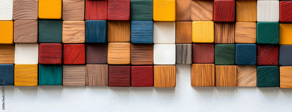 Poster colorful wooden blocks arranged in an intricate pattern, representing the idea of creativity and inn