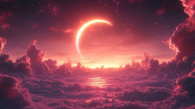 Pink sunset sky with crescent moon above clouds.
