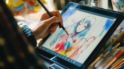 Close-up of a person working on a digital tablet, sketching designs for a graphic design project, showcasing creativity