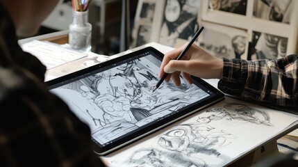 Close-up of a person working on a digital tablet, sketching designs for a graphic design project, showcasing creativity