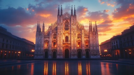 Fototapeta premium Massive Gothic cathedral with towering spires, stained glass windows, and ornate details, twilight setting 