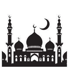 Islamic mosque silhouette vector Black silhouette of a Islamic mosque and crescent with lanterns. Eid Mubarak logo. vector illustration