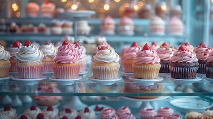 Pastry shop display window of delicatessen bakery