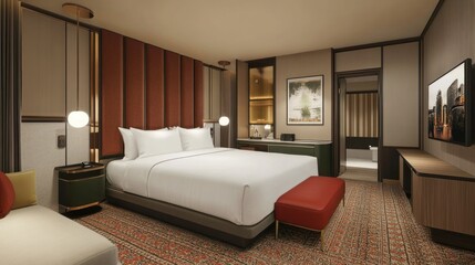 Luxury Hotel Room Design: Elegant Interior with King-Size Bed and Modern Amenities
