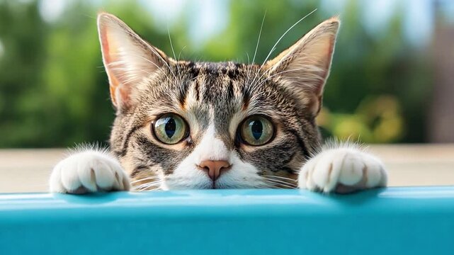 A curious tabby cat with striking green eyes leans over a vibrant blue edge under natural sunlight, creating an adorable moment