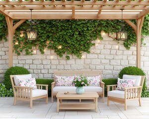 Obraz premium Provenсal terrace with pergola and floral cushions