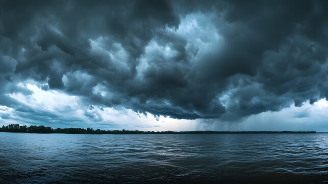 A dark, cloudy sky before a thunderstorm, creating a panoramic storm backdrop. - Powered by Adobe