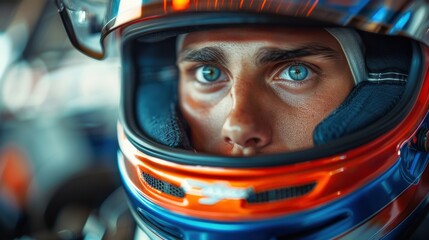 Close-up of a race car driver preparing for competition with intense focus and determination at a racetrack during the afternoon