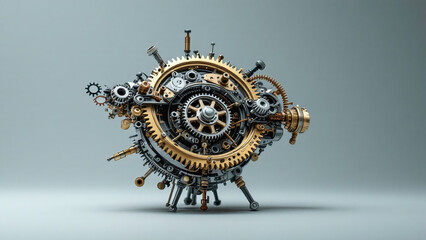 Complex mechanical sculpture showcasing a blend of gears and artistry in metallic colors.
