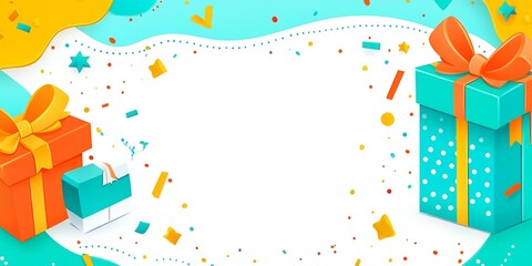 Obraz premium Festive Birthday Celebration Background with Gifts Confetti and Space for Text