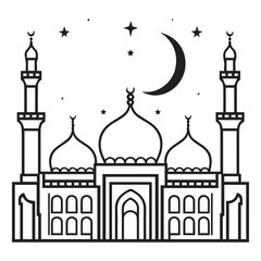 Islamic mosque silhouette vector Black silhouette of a Islamic mosque and crescent with lanterns. Eid Mubarak logo. vector illustration