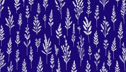 white lavender seamless doodle vector pattern on blue background