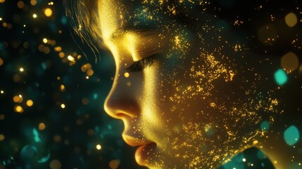 Obraz premium Glittering golden and teal textures with glowing particles luxurious aesthetic abstract visuals high detail