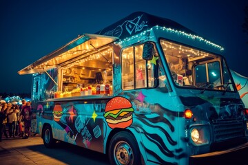 Modern food truck illuminated at night with vibrant graffiti designs