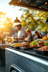 Outdoor food stand with gourmet burgers and fresh ingredients and unfocused people in the background ordering and serving