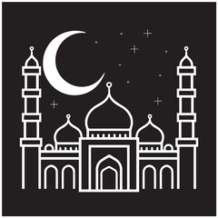 Islamic mosque silhouette vector Black silhouette of a Islamic mosque and crescent with lanterns. Eid Mubarak logo. vector illustration