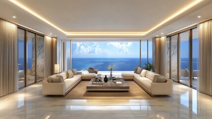 Fototapeta premium Ocean View Luxury Living Room: Modern Coastal Penthouse Apartment with Breathtaking Seascape