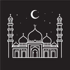 Islamic mosque silhouette vector Black silhouette of a Islamic mosque and crescent with lanterns. Eid Mubarak logo. vector illustration