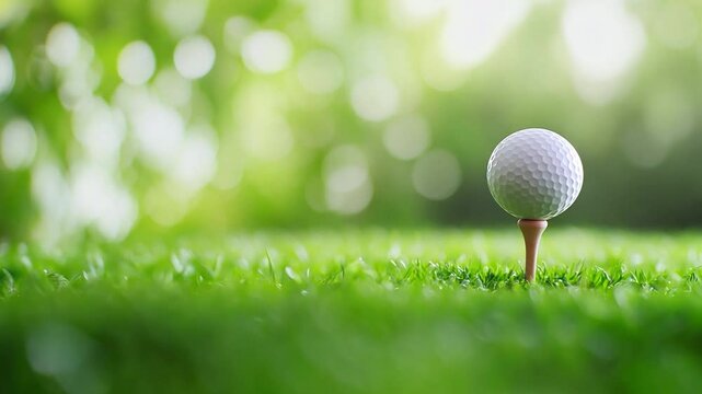 A pristine golf ball is teed up on lush green grass, surrounded by natural greenery under bright sunlight, ready for a perfect shot