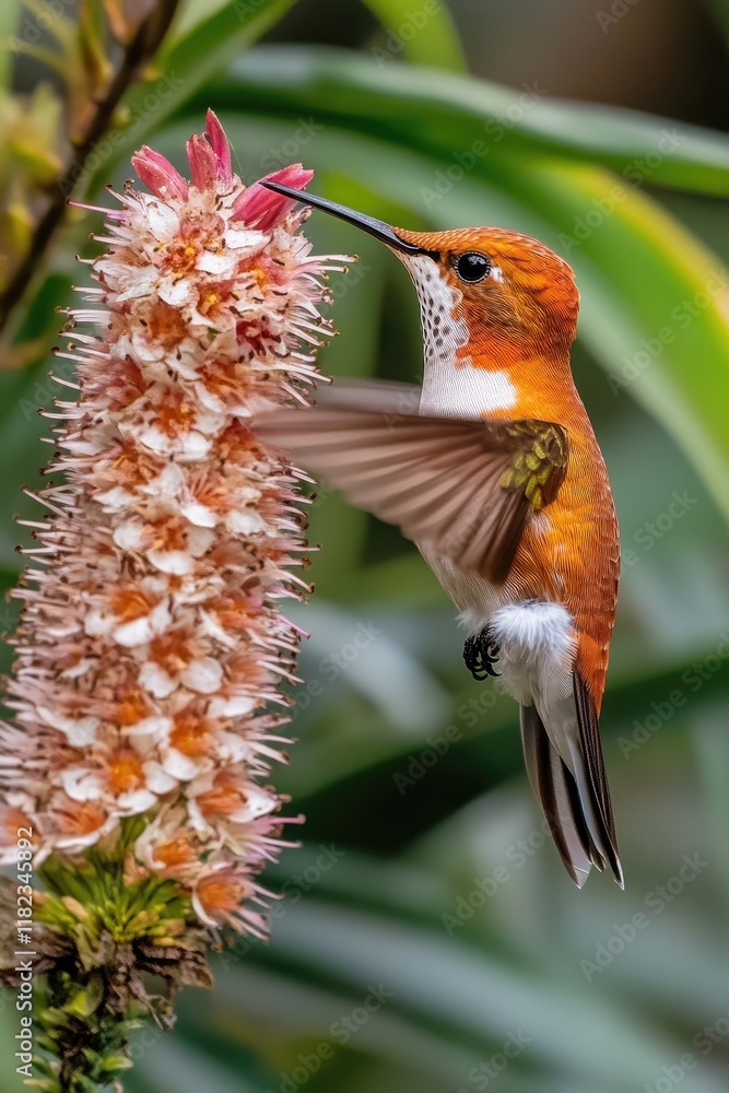 Poster A vibrant hummingbird feeding on a colorful flower amidst lush greenery.