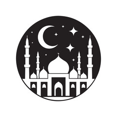 Islamic mosque silhouette vector Black silhouette of a Islamic mosque and crescent with lanterns. Eid Mubarak logo. vector illustration