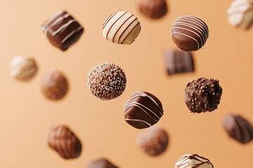 Fototapeta premium A bunch of chocolates that are flying in the air