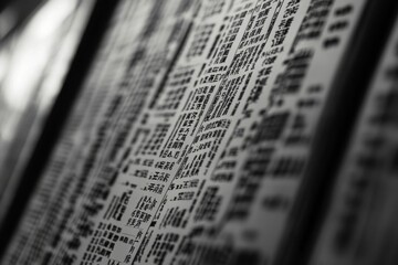 Close-up, dense text, black and white, blurry, paper.