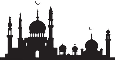 Islamic mosque silhouette vector Black silhouette of a Islamic mosque and crescent with lanterns. Eid Mubarak logo. vector illustration