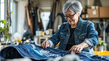 Asian senior woman exploring a new hobby - Sashiko in blue fabric. Japanese embroidery, teaching, hand craft concept